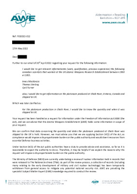 FOI request- Question about Plutonium from Chalk River