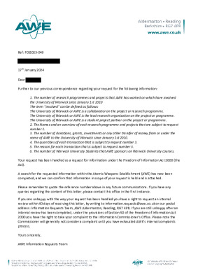 FOI Request – Warwick University Statistics