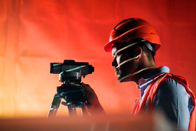 Close-up of a person in a red hard hat looking through a surveying instrument, with an orange background and light streaks casting shadows on the face