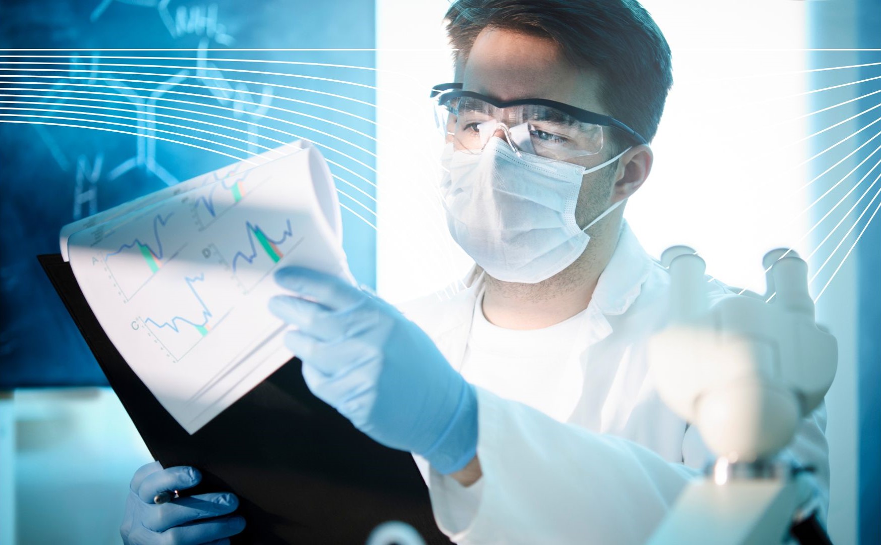 Scientist in a lab coat and blue gloves reviews a data chart beside a microscope, with chemical structures sketched on a chalkboard in the background, representing theoretical analysis and scientific modeling.