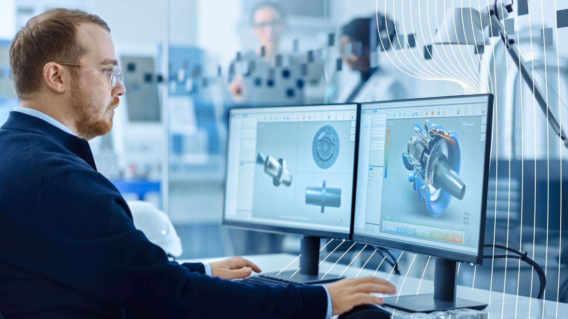 Person at a desk using dual monitors to model mechanical components in CAD software; one screen shows a cylindrical part, the other a complex assembly, in a modern office with technical equipment.