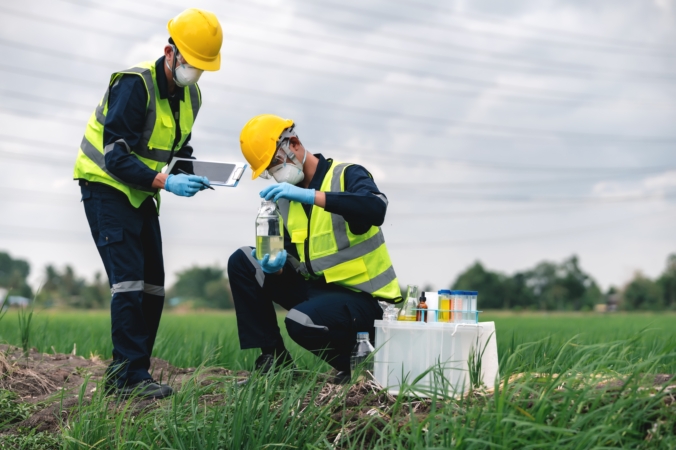 Two Environmental Engineers Inspect Water Quality and Take Water Samples Notes in The Field
