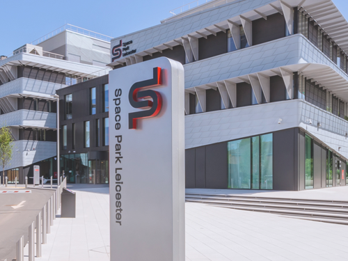 Frontage of a three story corporate building at Space Park Leicester