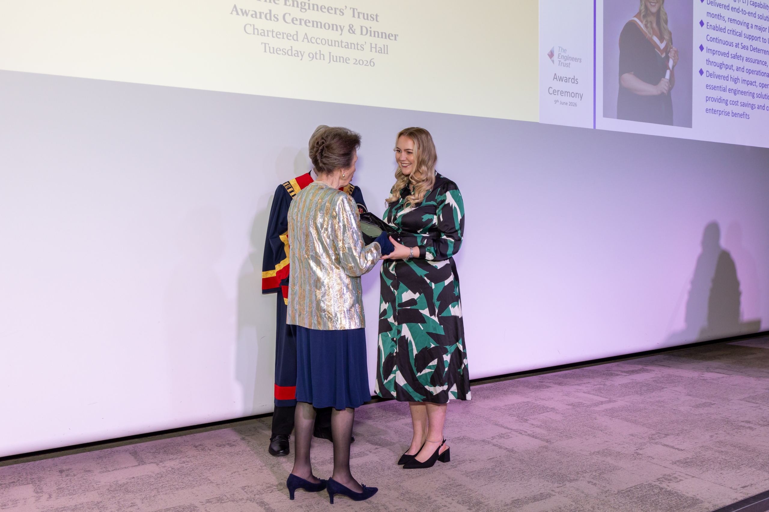 HRH The Princess Royal presents the Defence Industry Early Careers Engineering Prize to India Skelt, Mechanical Engineer at AWE (Photo courtesy of Mark Witter Photography)