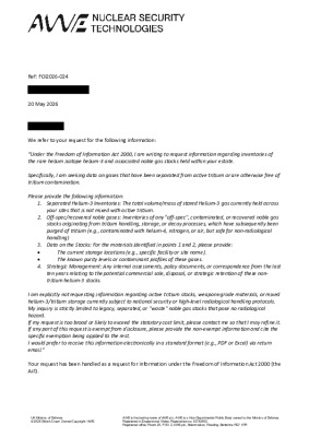 FOI Request – Inventories of Separated Helium-3 and Noble Gas Stocks